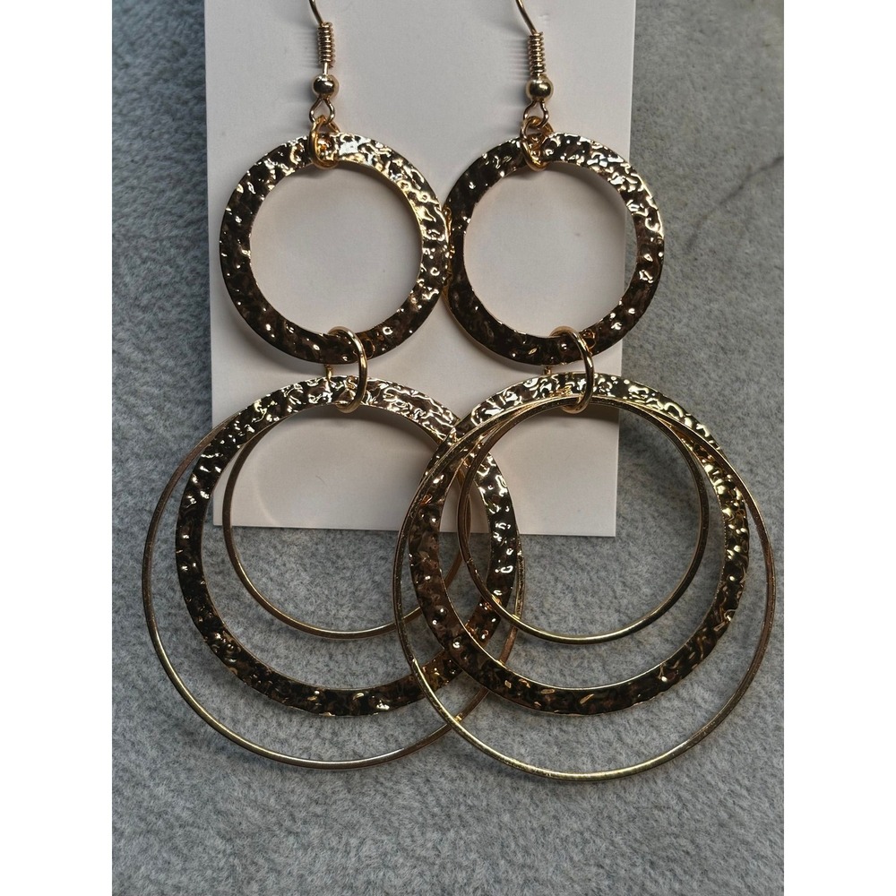 #57. Hammered Gold Double Circle Tiered Drop Earrings